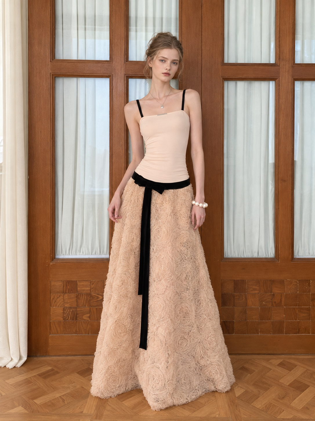 Apricot 3D Rose Floral Spliced Maxi Dress