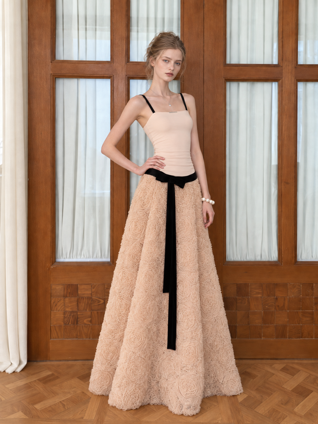 Apricot 3D Rose Floral Spliced Maxi Dress