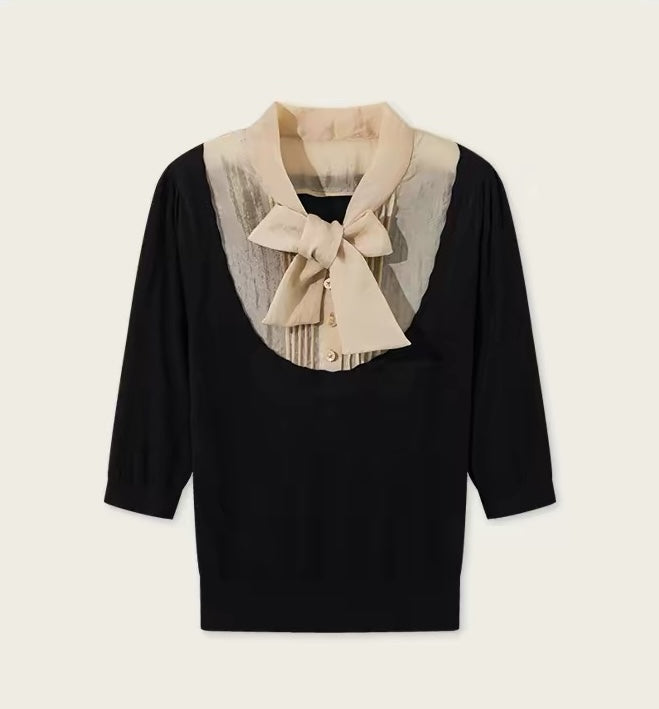 French Chic 2-in-1 Bow Tie Knit Top