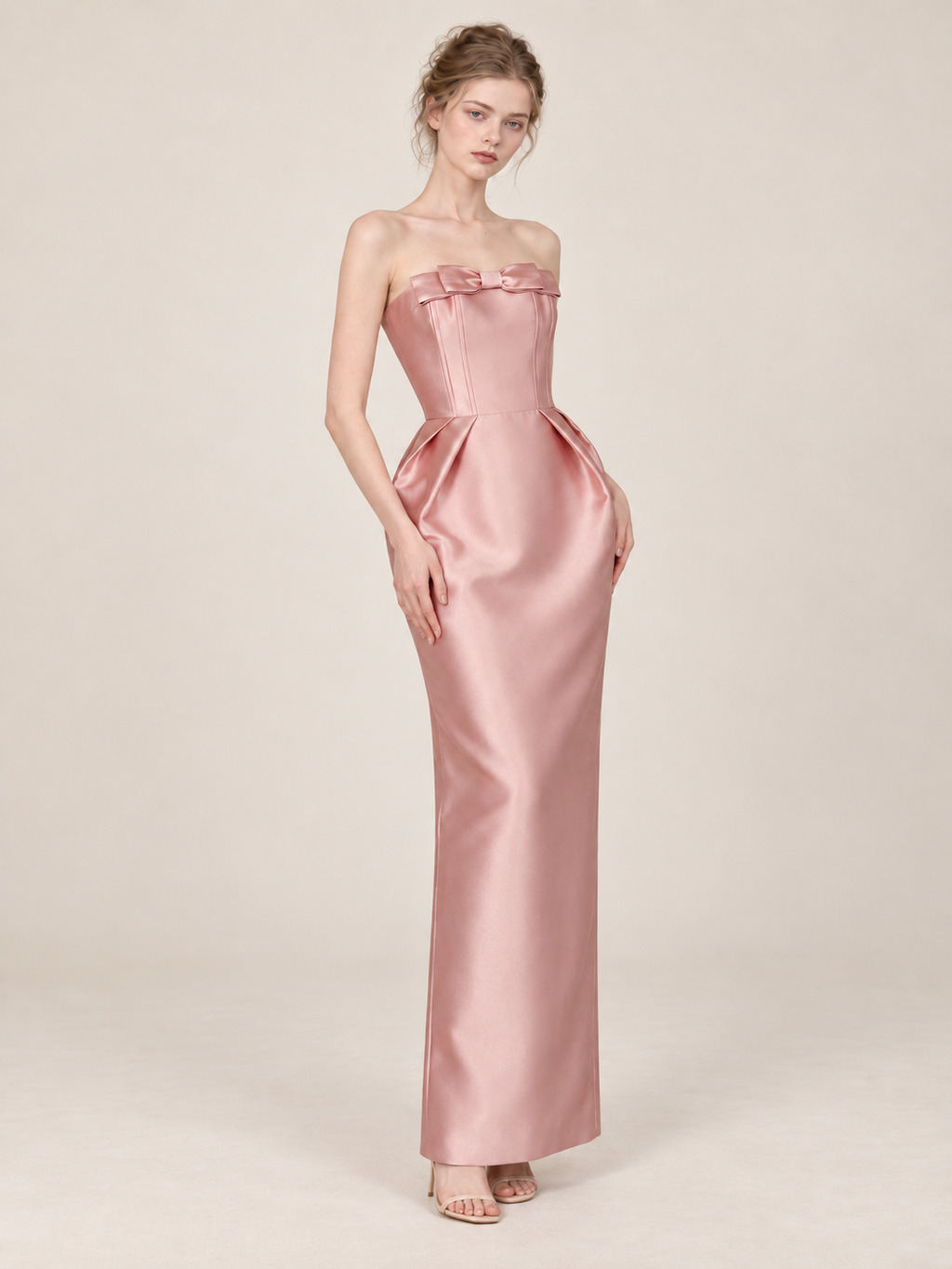 Strapless Satin Bow Evening Gown