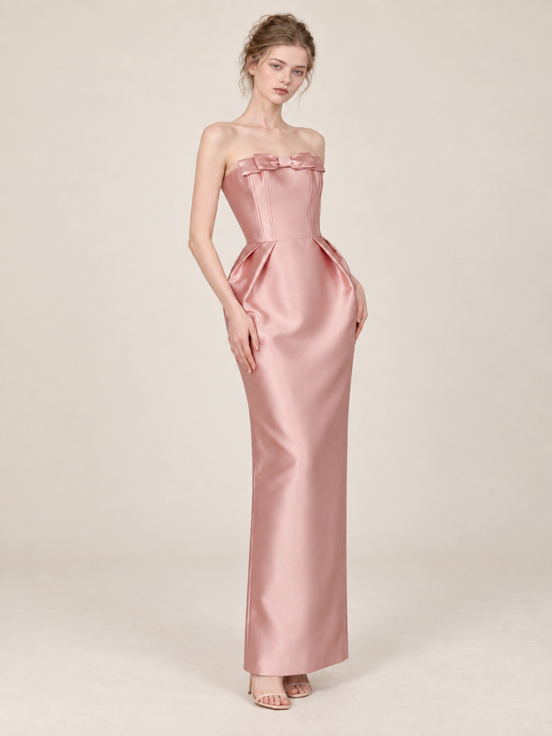 Strapless Satin Bow Evening Gown