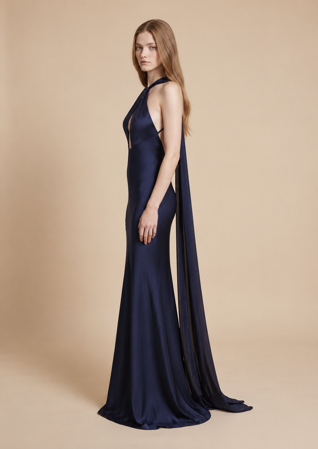 Navy Satin Halter Neckline Maxi Dress