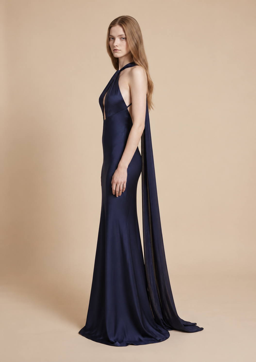 Navy Satin Halter Neckline Maxi Dress