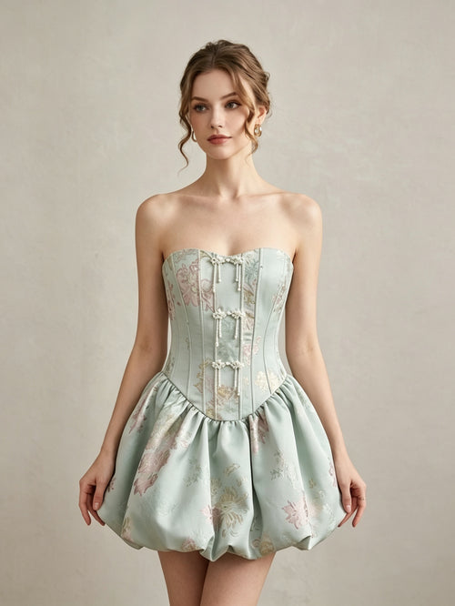 Chinoiserie Jacquard Strapless Dress