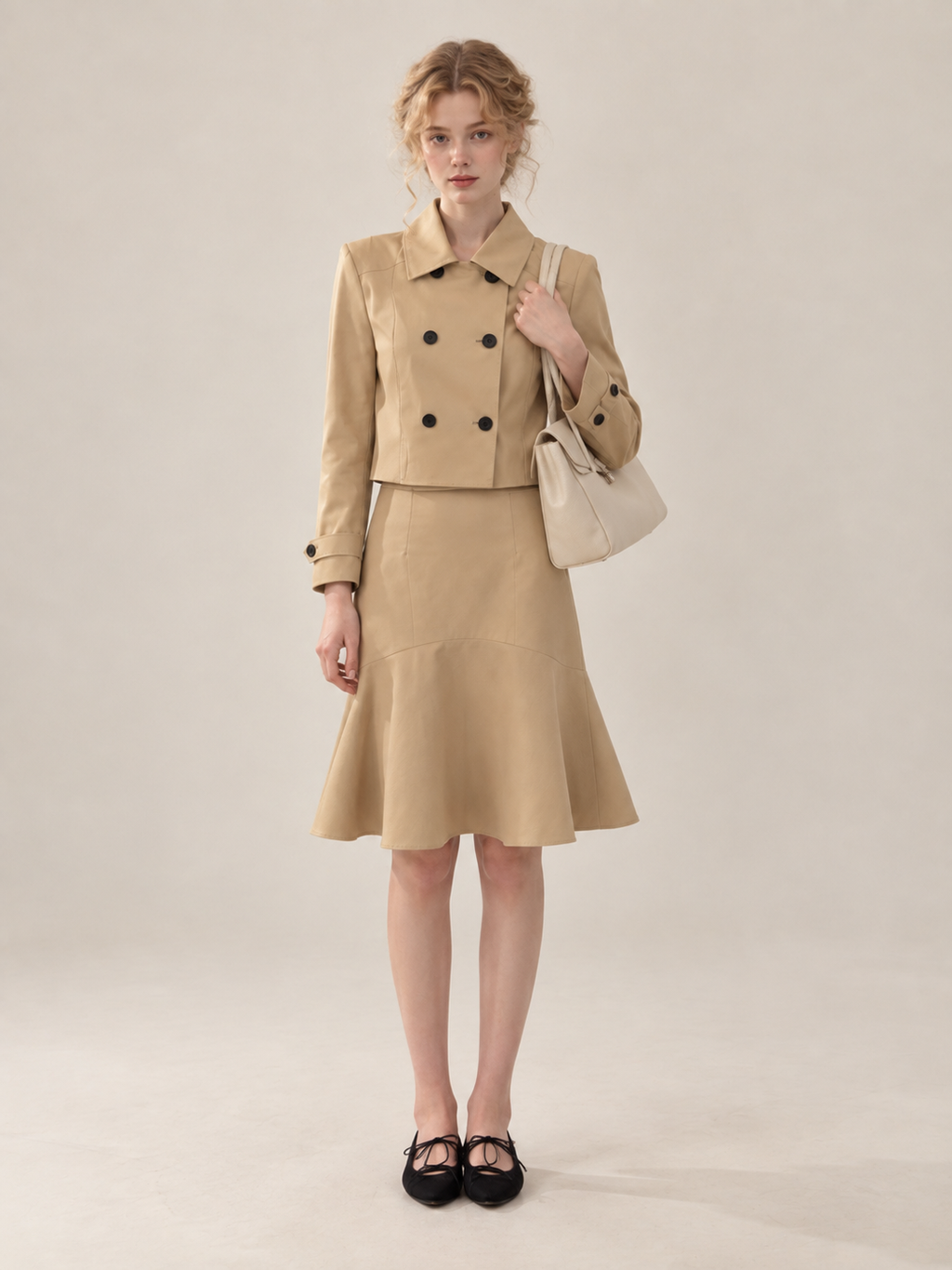 Khaki Double Breasted Trench Jacket Mermaid Skirt Set
