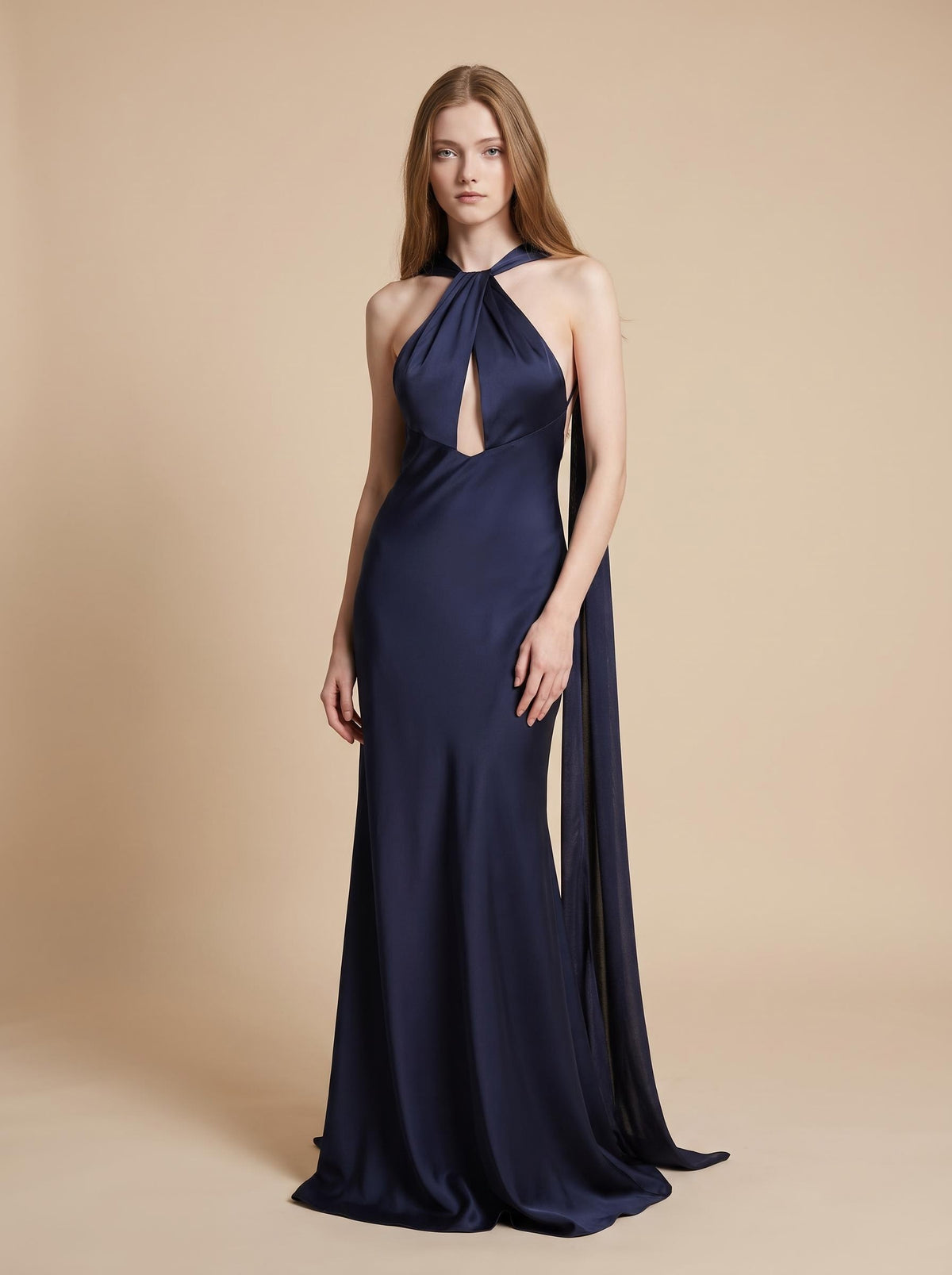 Navy Satin Halter Neckline Maxi Dress