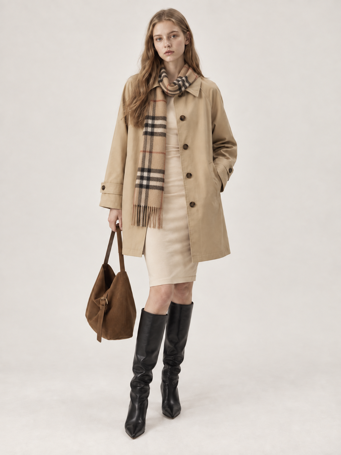 Khaki Mid Length Single Breasted Trench Coat