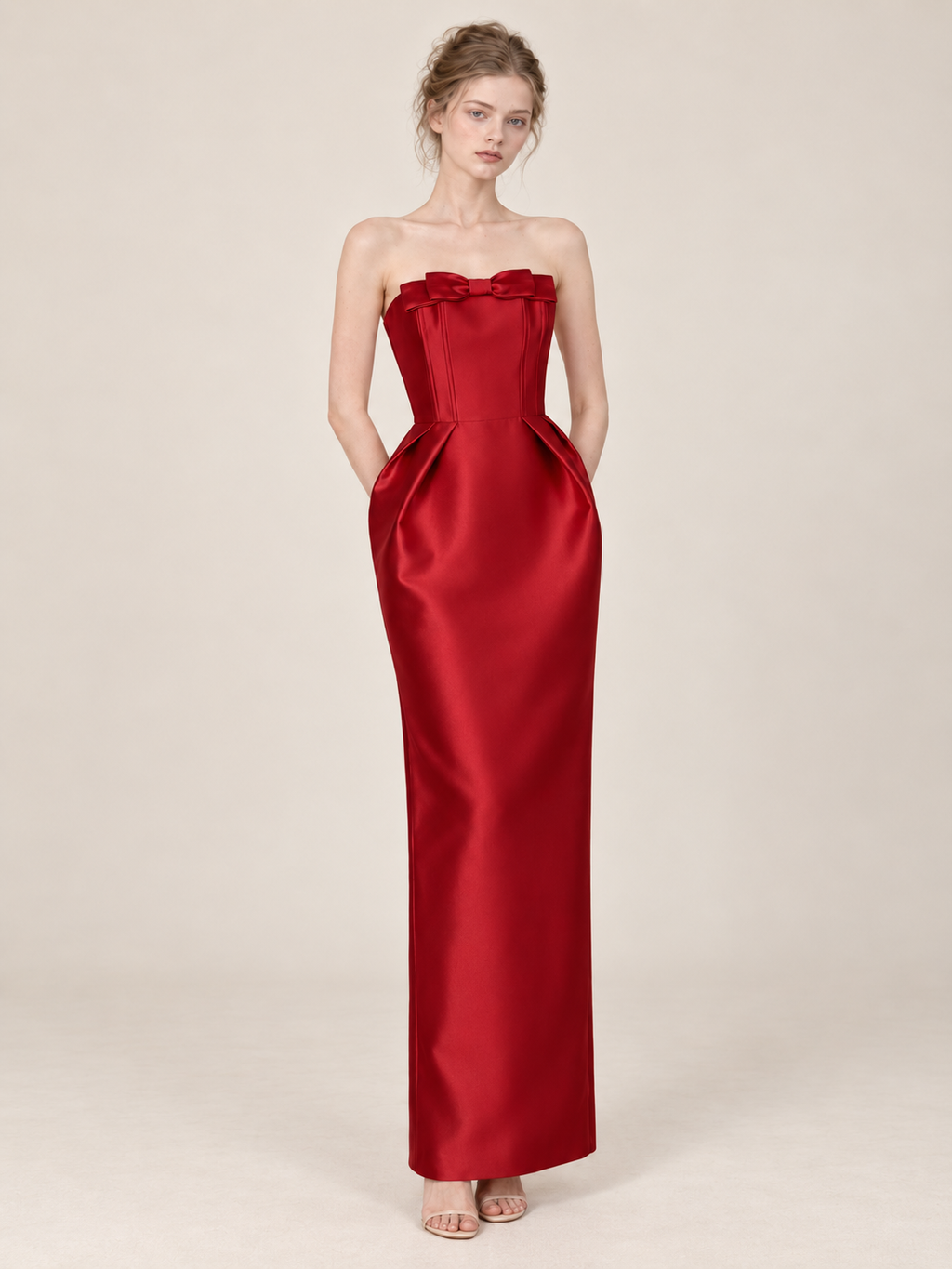 Strapless Satin Bow Evening Gown