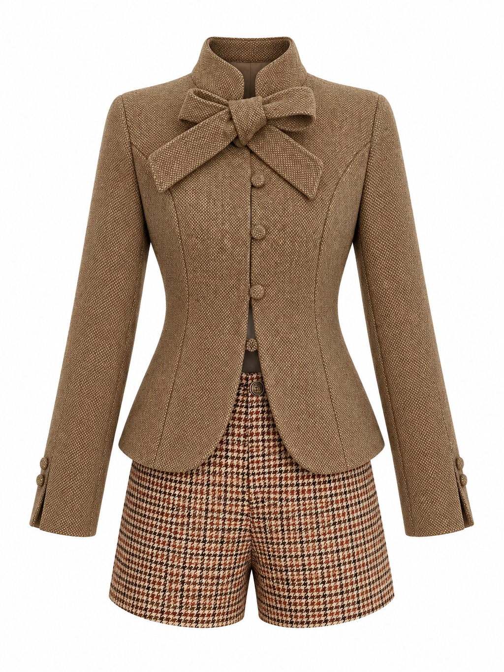 Brown Tweed Bow Blazer Houndstooth Shorts Set