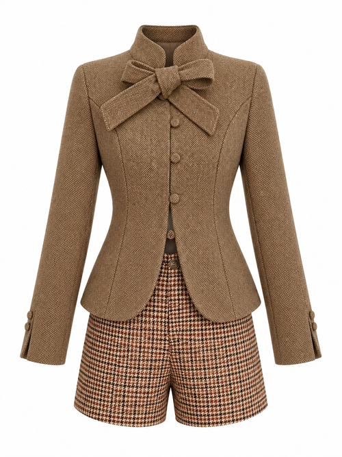 Brown Tweed Bow Blazer Houndstooth Shorts Set