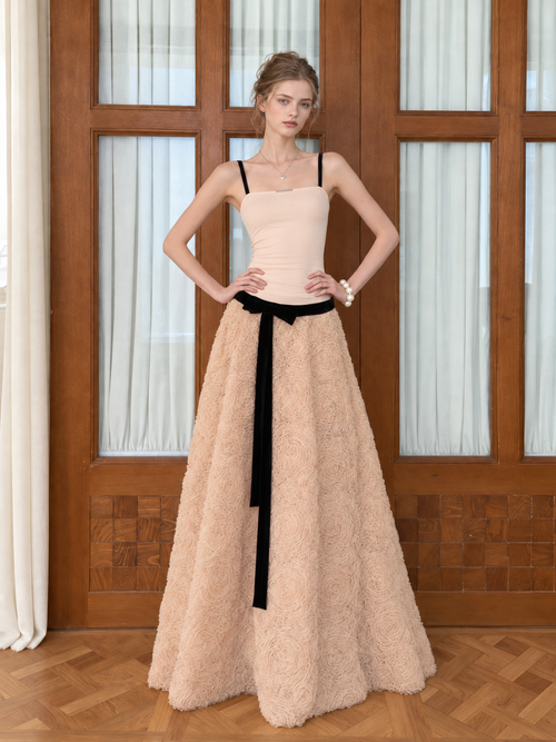 Apricot 3D Rose Floral Spliced Maxi Dress