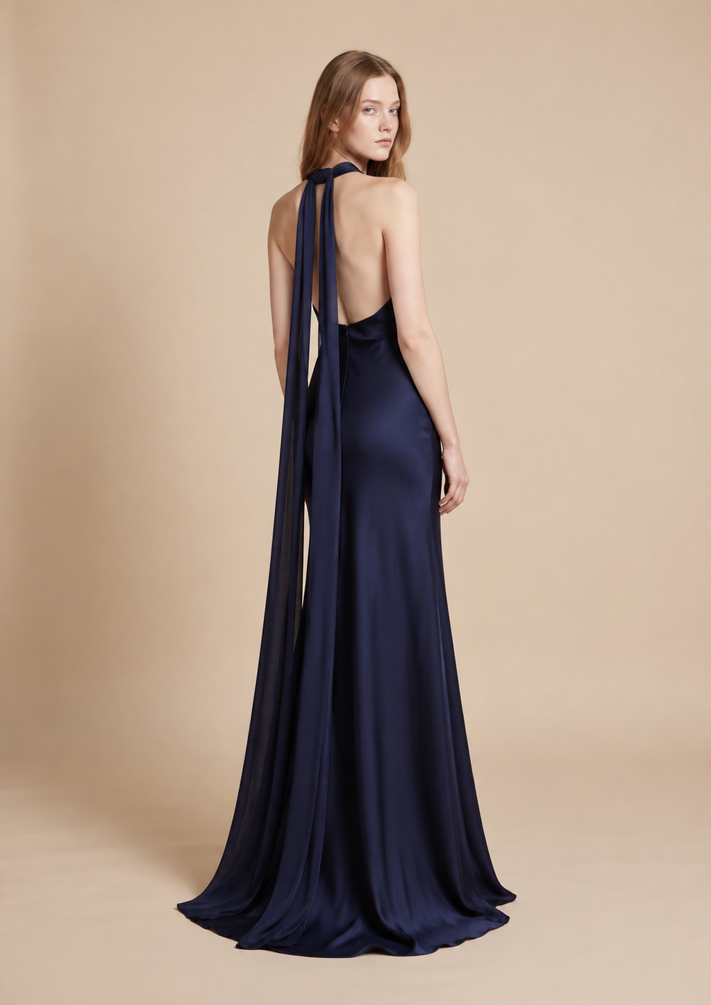 Navy Satin Halter Neckline Maxi Dress