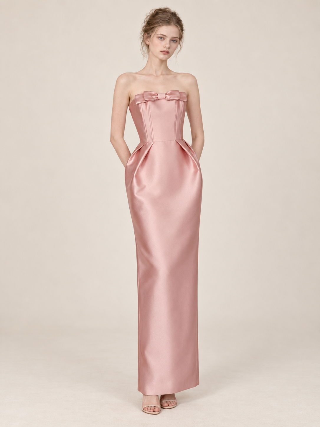 Strapless Satin Bow Evening Gown