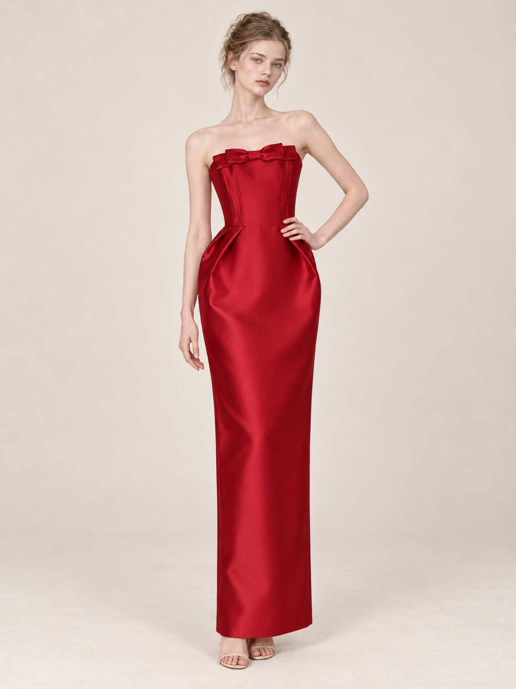 Strapless Satin Bow Evening Gown