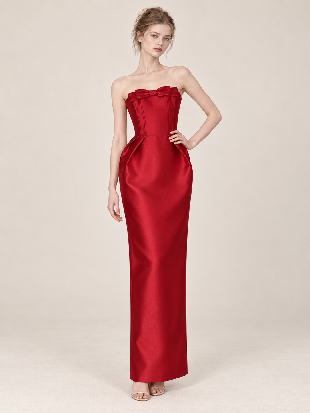 Strapless Satin Bow Evening Gown
