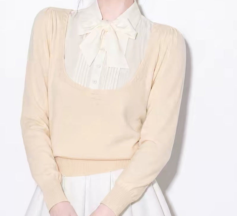 French Chic 2-in-1 Bow Tie Knit Top